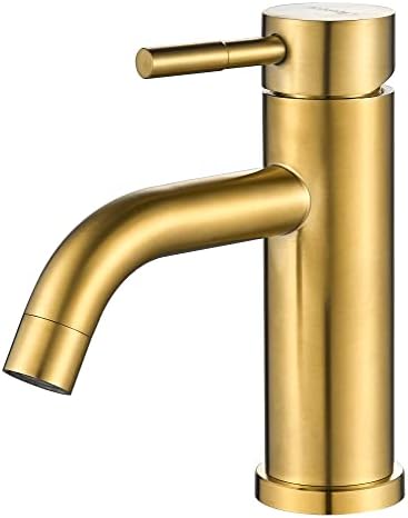 Modern Single Handle Bathroom Faucet Single Hole Brushed Gold Bathroom Sink Faucet Stainless Steel Commercial Basin Faucet (Brushed Gold No Drain) by KOHONBY