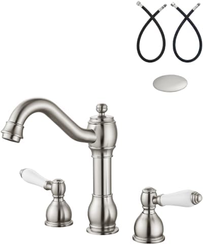 Aolemi Widespread Bathroom Sink Faucet 3 Hole White Lever Brushed Nickel by Aolemi