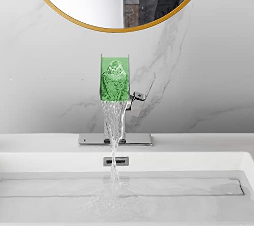 Chrome Bathroom Sink Faucet One Hole LED Waterfall Spout RGB 3 Colors Light Changing Lavatory Vanity Faucets Brass Single Handle Modern Washbasin Bath Tap Include Plates to Cover Holes Residential - Image 2