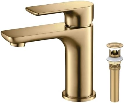 KIBI Tender Brushed Brass Bathroom Sink Faucet with Pop-Up Drain | Single Handle Solid Brass High Arc Spout | Smooth Water Flow and Corrosion-Resistant (Brushed Brass W/Pop Up Drain) by KIBI