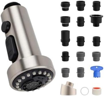 Hibbent NSF/ANSI/CAN 61 & CUPC Certified Pull Down Kitchen Faucet Head Replacement, 3 Function Sink Faucet Sprayer Nozzle with 15 Adapters, Compatible with Moen, Delta, Kohler Faucets, Brushed Nickel by Hibbent