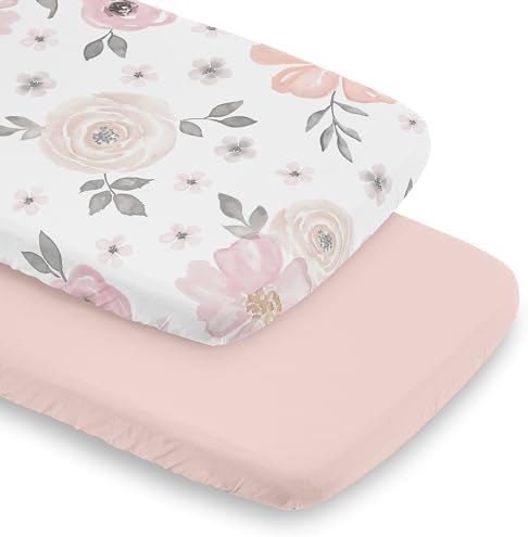 Sweet Jojo Designs 2-Piece Baby Bassinet Sheets Set (Pink/Grey Boho Floral) for Girls, Infant Nursery, Newborn Room - Oval Rectangle Hourglass Mattress (Solid Color, Bohemian, Farmhouse, Chic, Flower) by SweetJojoDesigns