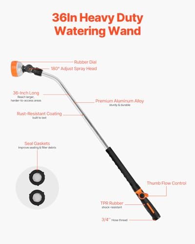 VEVOR Watering Wand,36-Inch Extra Long Heavy Duty Garden Hose Wand with 8 Spray Patterns & 180° Swivel Head, Long Hose Nozzle Sprayer with on/off Thumb Control, Ideal for Hanging Baskets, Shrubs, Lawn - Image 2