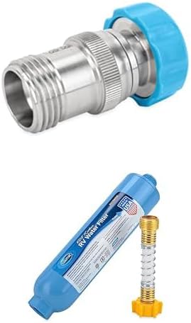 Camco Stainless-Steel Water Regulator, Protects RV Plumbing(40054)+Camco TastePURE RV Water Filter w/Hose Protector-Inline Water Filter Reduces Bad Taste, Chlorine, Sediment & More-Made in USA(40043) by Camco