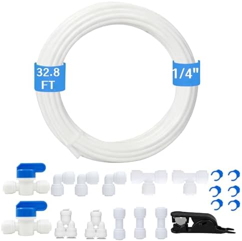 Water Line Kit, 1/4” O.D. Water Tubing 32.8FT for R.O. System and ice Maker with 12-PCS Quick Connect and Tubing Cutter by GOOGIES