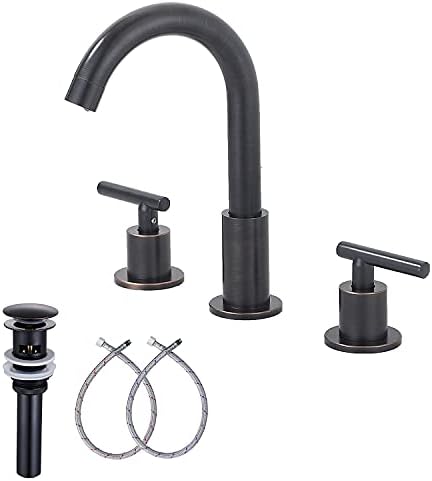 Oil Rubbed Bronze Bathroom Faucet 2-Handles 3 Holes 360 Swivel Spout Widespread Bathroom Sink Faucet with Pop Up Drain by GGStudy