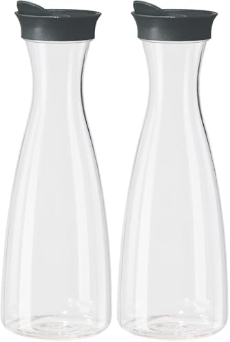 OGGI Clear Carafe w/Flip Open Lid - Ideal Juice Bottle, Clear Pitcher with Lid, Tea Pitcher, Water Carafe, 1.6 Lt(54Oz), Gray (Pack of 2) by Unknown