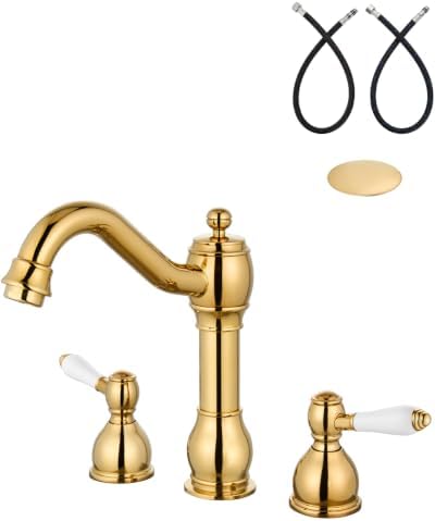 Aolemi Widespread Bathroom Sink Faucet 3 Hole White Lever Polish Gold by Aolemi