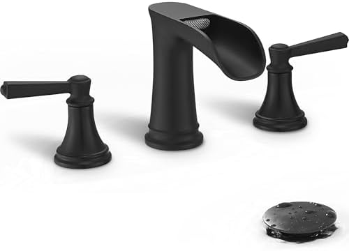 8 Inch Matte Black Bathroom Faucet 3 Hole, Brass Waterfall Bathroom Sink Faucet Widespread 2 Handle with Pop up Drain & Pre-Installed cUPC Supply Lines for Lavatory, 10 Mins Quick Install by HEYMYTAP