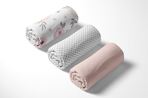 Sweet Jojo Designs 3-Piece Baby Crib Sheets Set (Pink Boho Floral) for Girls, Infant Nursery, Toddler Room - Fitted, Standard Size (Solid Blush, White & Grey Polka Dots & Bohemian, Shabby Chic, Rose) - Image 5