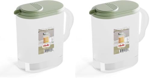 Tribello 1-Gallon Slim Plastic Pitcher with Lid – Clear Water Jug with Pivot-Top Spout, Iced Tea Pitcher for Fridge, Dishwasher/Freezer Safe, BPA & Phthalate Free – Sage Green (Pack of 2) by Tribello