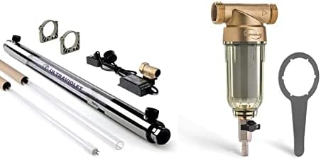 iSpring UVF55FS Whole House UV Water Filter with Smart Flow Sensor Switch, 55W, 12 GPM & WSP-50 Reusable Whole House Spin Down Sediment Water Filter, 1" MNPT + 3/4" FNPT, Lead-Free Brass by iSpring