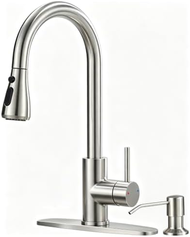 Kitchen Faucet with Pull Down Sprayer and Soap Dispenser, Brushed Nickel 304 Stainless Steel Single Handle with 3 Spray Modes, 18-Inch Hose, 10-Inch Deck Plate by OWOFAN