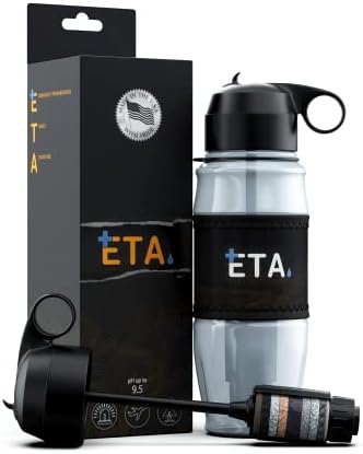ETA Alkaline Water Filter Bottle for Travel, Camping, Hiking, Backpacking, Emergency, Survival | Removes up to 99.99% of Harmful contaminants, 9.5pH, Protects the Nutrient & Mineral Value, Made in USA by ETALIVING
