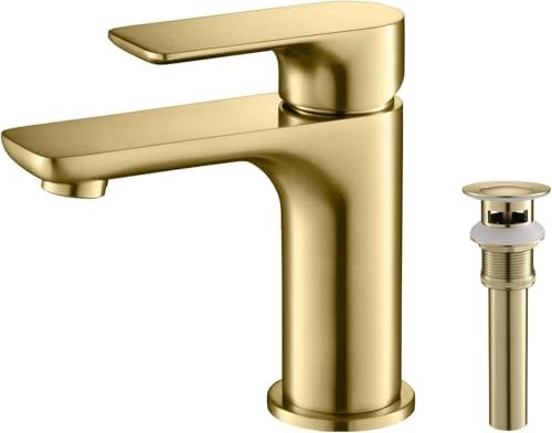 KIBI Tender Brushed Gold Bathroom Sink Faucet with Pop-Up Drain | Single Handle Solid Brass High Arc Spout | Smooth Water Flow and Corrosion-Resistant (Brushed Gold W/Pop Up Drain) by KIBI