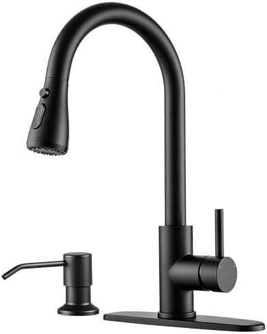 Kitchen Faucet with Pull Down Sprayer and Soap Dispenser, Black 304 Stainless Steel Single Handle with 3 Spray Modes, 18-Inch Hose, 10-Inch Deck Plate by OWOFAN