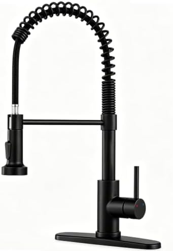 Matte Black Kitchen Faucet with Pull-Down Sprayer — Commercial Spring High-Arc Single-Handle Sink Faucet, Fits 1 or 3 Hole for Farmhouse, Bar, Camper and Laundry Room by OWOFAN
