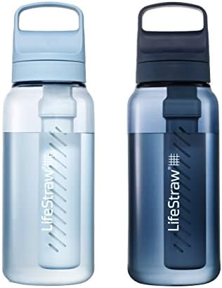 LifeStraw Go Series – BPA-Free Water Filter Bottle for Travel and Everyday use removes Bacteria, parasites and microplastics, Improves Taste, 1L 2-Pack; Icelandic Blue and Aegean Sea by Unknown