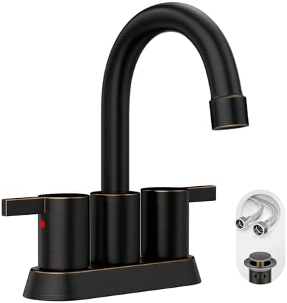 Phiestina 2 or 3 Holes Oil Rubbed Bronze 4 Inch 2 Handle Centerset Lead-Free Bathroom Sink Faucet, 360 Degree Swivel Spout with Copper Pop Up Drain and 2 Water Supply Lines, BF015-1-ORB by Phiestina