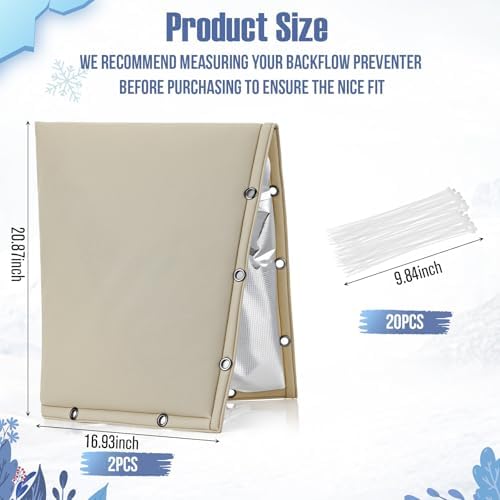SATINIOR 2 Pcs Backflow Preventer Insulation Cover 17 " x 20 "Outdoor Pipe Insulation Cover with Cable Zip Ties for Outside Irrigation Sprinkler Valve Insulated Pouch Winter Freeze Protection(Beige) - Image 2