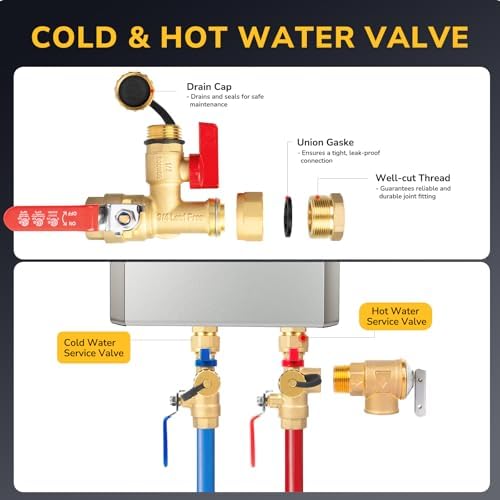 Tankless Water Heater Service Valve Kit, 3/4 Inch IPS Isolator Set with Pressure Relief Valve, Hot & Cold Shut-Off Valves, Lead-Free Premium Brass, Compatible with Rheem, Rinnai, Navien - Image 4