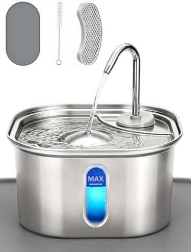 Cat Water Fountain Stainless Steel for Cats Indoor 2.5L 85oz by BPA-free SUS304, Effective 6-Layer Filter Cat Fountain for Drinking 20dB Ultra Quiet Metal Pet Water Fountain (Fountain108oz+Filter+Mat) by Petlipo