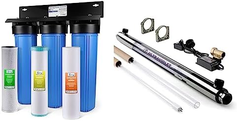 iSpring Whole House Water Filter System w/Sediment, KDF, and Carbon, 3-Stage, Heavy Metal Reducing, Model: WGB32B-KS & UVF55FS Whole House UV Water Filter with Smart Flow Sensor Switch, 55W, 12 GPM by iSpring