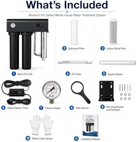 Bluonics Pro Series Whole House Water Filter & Salt-Free Water Descaler Bundle, Dual 20” x 4.5” Filters, 48W UV Water Treatment System, 12 GPM, Stainless Steel UV Chamber, 1” MNPT - Image 2