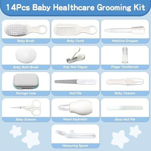 Baby Healthcare and Grooming Kit, 14 in 1 Baby Safety Set Newborn Nursery Health Care Set with Hair Brush Scale Nail Clippers for Baby Girls Boys (14 Kits Grey White) - Image 2