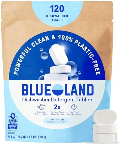 BLUELAND 100% Plastic-Free Dishwasher Detergent Tablets 120ct, Free & Clear by BLUELAND