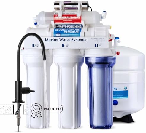 iSpring RCC7AK-UVBLK, NSF 58&372 Certified, 7-Stage Reverse Osmosis Water Filter System with Alkaline and LED UV Filter, Patented Top-Mounted Faucet Design for Easy Installation by iSpring