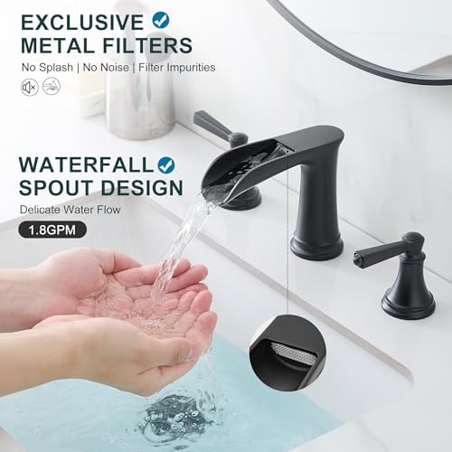 8 Inch Matte Black Bathroom Faucet 3 Hole, Brass Waterfall Bathroom Sink Faucet Widespread 2 Handle with Pop up Drain & Pre-Installed cUPC Supply Lines for Lavatory, 10 Mins Quick Install - Image 2