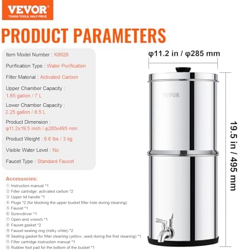 VEVOR Gravity-fed Water Filter System, 2.25G 304 Stainless-Steel Countertop System, Water Filtration System, Reduces Lead and up to 99% of Chlorine, with 2 Carbon Filters & Spigot, for Home Camping RV - Image 7