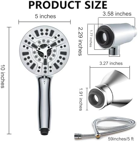 High Pressure Shower Head with Magnetic Back Fixed Base Design,Handheld Showerhead with Hose Set Stainless Steel 59 inches/5 ft 10-Setting 5 inches Large Face,Chrome Finish - Image 2
