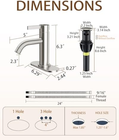 Fransiton Brushed Nickel Bathroom Faucet Single Hole with Pop-Up Bathroom Drain and Flexible Hoses Single Handle Bathroom Sink Faucet w/Deck Plate(1 or 3 Hole) for Vanity Sinks, RV, Farmhouse - Image 2