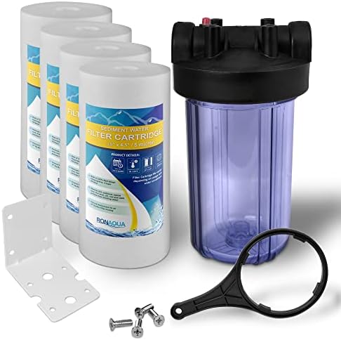 High Capacity 10 x 4.5-Inches Transparent Whole House Water Filter Purifier System with Presser Relief Button, 1” Inlet/Outlet Brass Port & Yearly Supply (4) Polypropylene Sediment Cartridges 5 Micron by Ronaqua