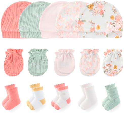 MAMIMAKA Newborn Baby Boy Girl Caps Mittens Socks Set Cotton Baby Essentials Accessories (Hats+Gloves+Socks) by MAMIMAKA