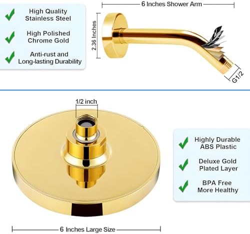 High Pressure Rainfall Shower Head, 6 Inches Showerhead with Perfect Adjustable Replacement, Removable Restrictor, Easy Installation for Your Bathroom Shower Heads (Deluxe Gold + Shower Arm) - Image 4