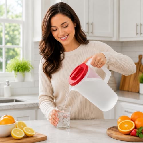 FALAH 2Quart Plastic Pitcher with Lid, Clear Body with Red Lid, Large Water & Juice Pitcher for Refrigerator, Cold Drink Mixing, Kitchen Beverage Storage - Image 2