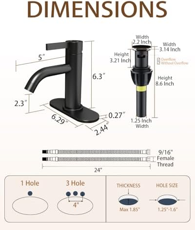 Fransiton Matte Black Bathroom Faucet Single Hole with Pop-Up Bathroom Drain and Flexible Hoses Single Handle Bathroom Sink Faucet w/Deck Plate(1 or 3 Hole) for Vanity Sinks, RV, Farmhouse - Image 2