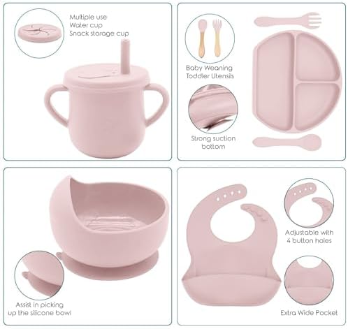 100% Silicone baby feeding set,BPA free Baby dishes set with Suction Bowl Divided Plate,Toddler Self Feeding Dish Set with Spoons Forks Sippy Cup And Bib, Baby Eating Utensils (Lilac) - Image 4