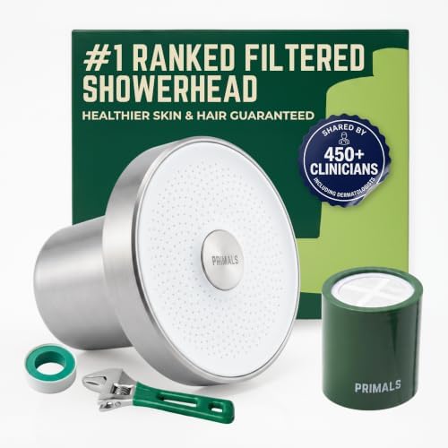 PRIMALS Filtered Shower Head - Removes Chlorine, Fluoride, Heavy Metals & Other Harmful Substances - Reduces Hairloss, Dry Itchy Skin, Eczema & Dandruff - Luxurious Water Pressure - Brushed Nickel by PRIMALS