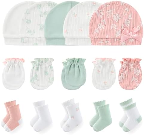 MAMIMAKA Newborn Baby Boy Girl Caps Mittens Socks Set Cotton Baby Essentials Accessories (Hats+Gloves+Socks) by MAMIMAKA