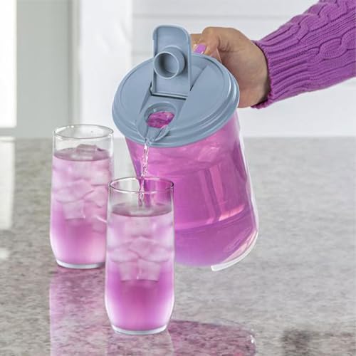 Sterilite 2 Quart Clear Round Plastic Pitcher, Dishwasher Proof with Blue Lid, Spout, and Handle for Easy Pouring, Washed Blue, 18-Pack - Image 4