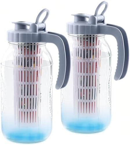 Mason Jar Pitcher With Fruit Infuser 2 Quart Water Pitcher With Pour Spout Lid 2 Pack Half gallon Wide Mouth Glass Carafe For Milk, Fruit Infused Water, Iced Tea, Lemonade, Cocktail, Cold Brew Coffee by MBSRITY
