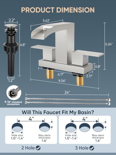 Cobbe Waterfall Bathroom Faucet, Brushed Nickel 4 Inch Centerset 3 Hole - Image 5