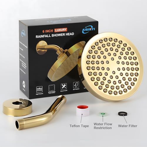 High Pressure Rainfall Shower Head, 6 Inches Showerhead with Perfect Adjustable Replacement, Removable Restrictor, Easy Installation for Your Bathroom Shower Heads (Deluxe Gold + Shower Arm) - Image 5