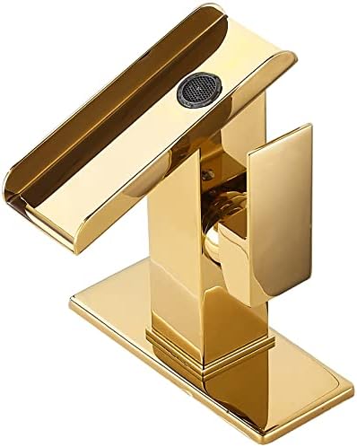 Bathroom Sink Faucet Gold Single Handle 1 or 3 Hole 4 Inch Waterfall Open Spout Bathroom Faucets Modern Brass Lavatory Bath RV Vanity Sink Faucets Basin Mixer Tap with Supply Line Cover Plate by Chiczam