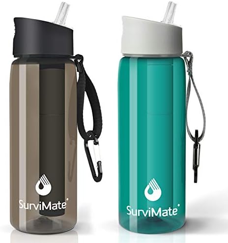 SurviMate Purified Water Bottle for Camping, Hiking, Backpacking and Travel, BPA Free with 5-Stage Intergrated Filter Straw by SurviMate