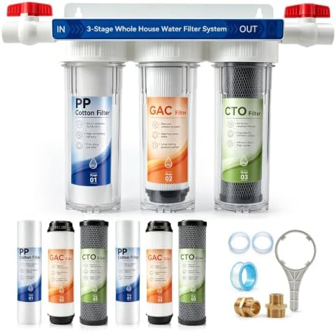 3-Stage Whole House Water Filter System, 9 Filters, 0.5μm PP GAC CTO, 1.5-2 Yrs Filter Supply. 15GPM, 3/4" NPT Brass Ports & 2 Valves. Reduces Chlorine, Sediment & Odors for Drinking, Cooking & Bath by Unknown